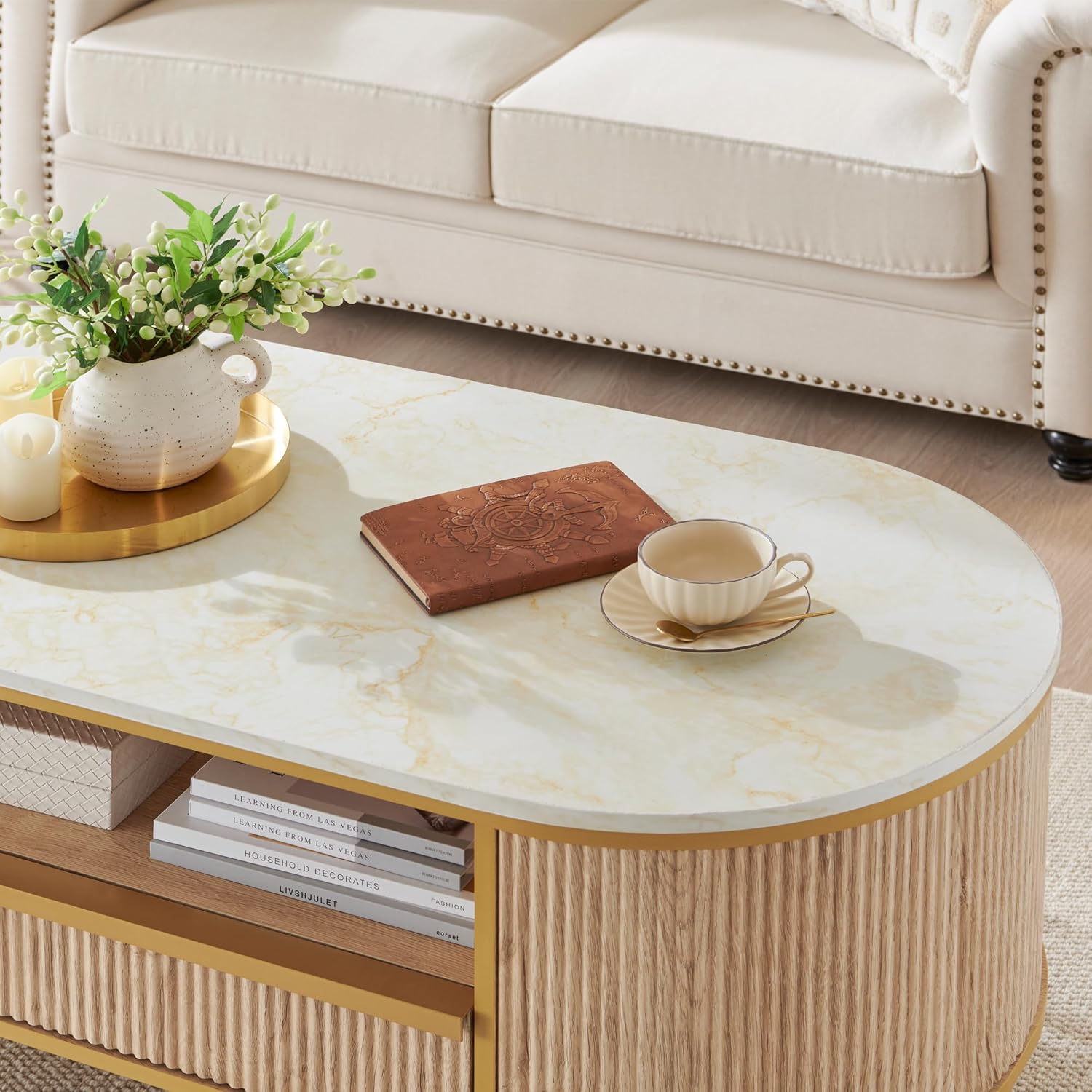 OKD Modern Luxury Grooved Coffee Table, 48 Inch Oval Coffee Table with Drawers, Imitation Marble Top, Curved Contour Design, Gold Metal Trim, Living Room Center Table wourant
