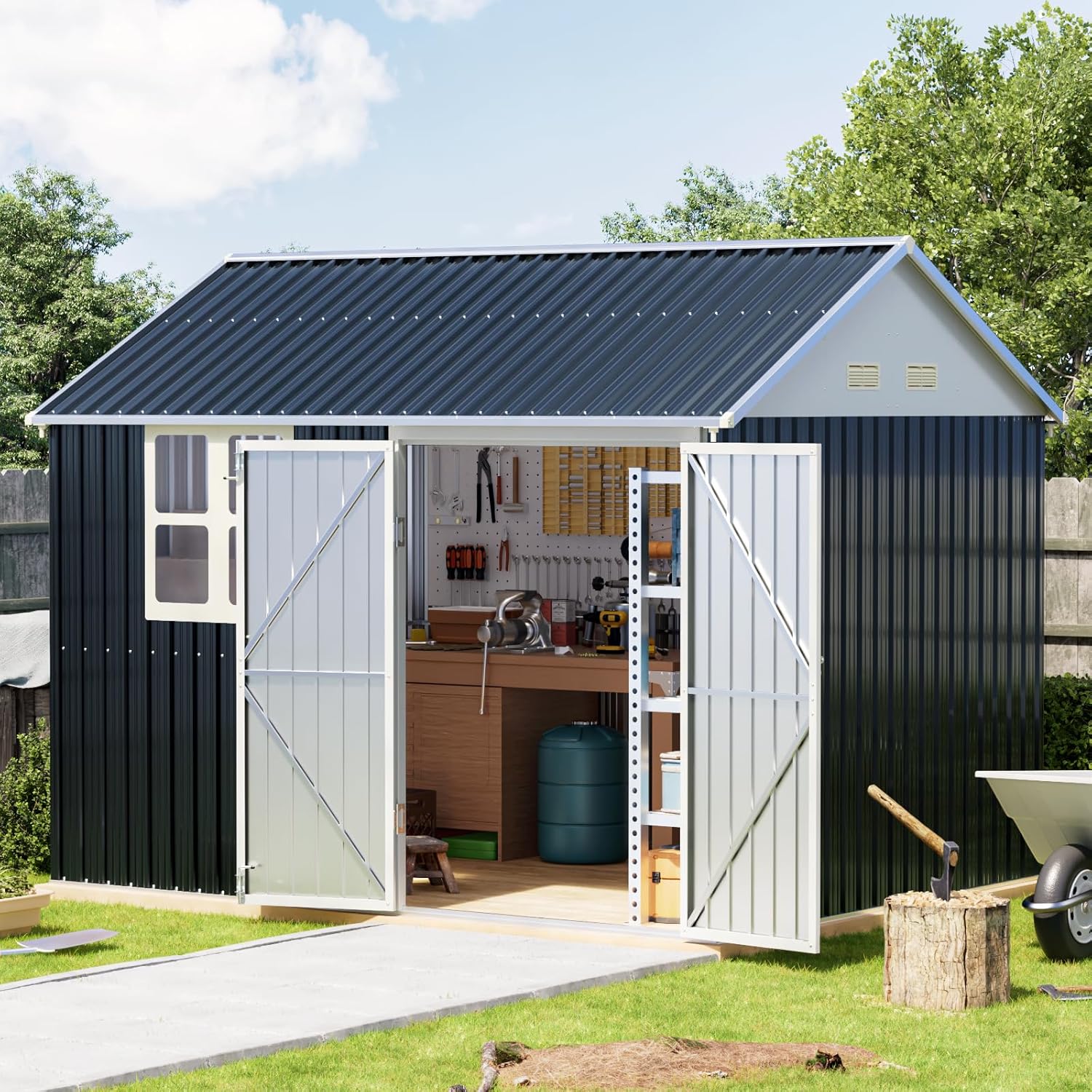 Breezz 8X10FT Outdoor Steel Storage Shed Lockable Doors Weather-Resistant Metal Tool Shed wourant