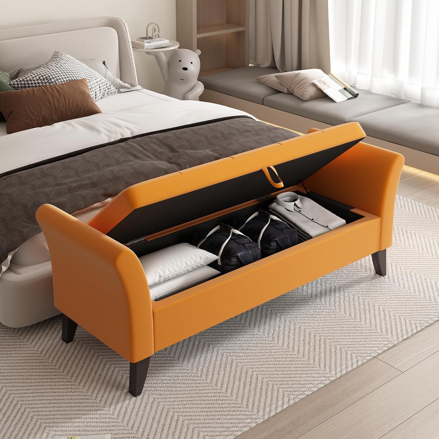Furniliving Modern Storage Ottoman Bench, Sherpa Ottoman End of Bed Bench with Solid Wood Legs Upholstered Ottoman Benches with Storage Indoor Bench wourant