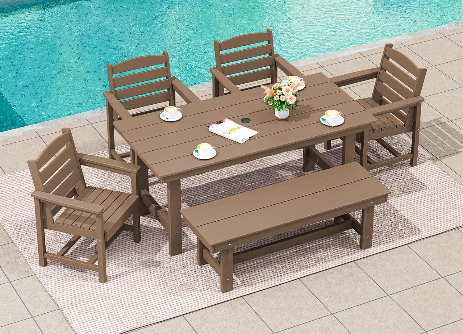 Outdoor HDPE Dining Table Set, 7-Piece Outdoor Dining Table Sets with Umbrella Hole Cut-Out Table and 6 Chairs wourant