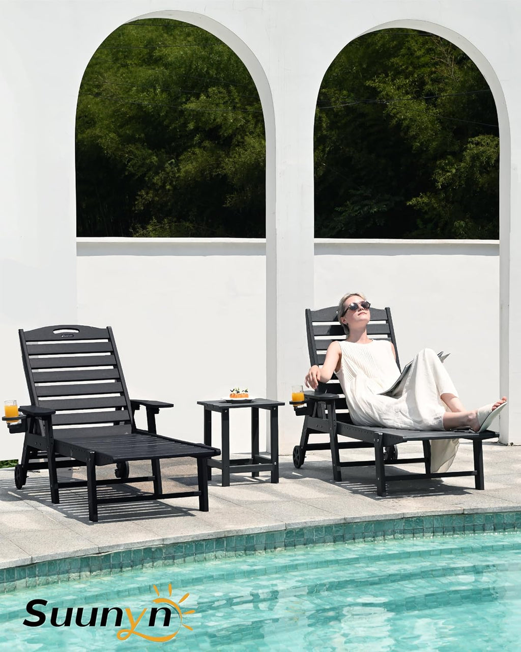 Lounge Chair Outdoor, Chaise Lounge, HDPE 6-Position Outdoor Chaise Lounge, Patio Lounge Chair with Wheels & Cup Holder for Pool Poolside Deck Backyard, Teak wourant