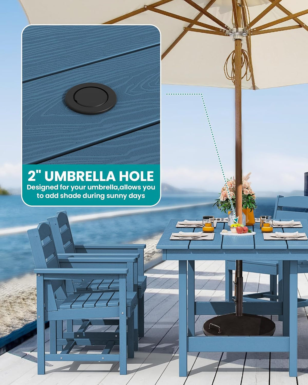 Outdoor HDPE Dining Table Set, 7-Piece Outdoor Dining Table Sets with Umbrella Hole Cut-Out Table and 6 Chairs wourant