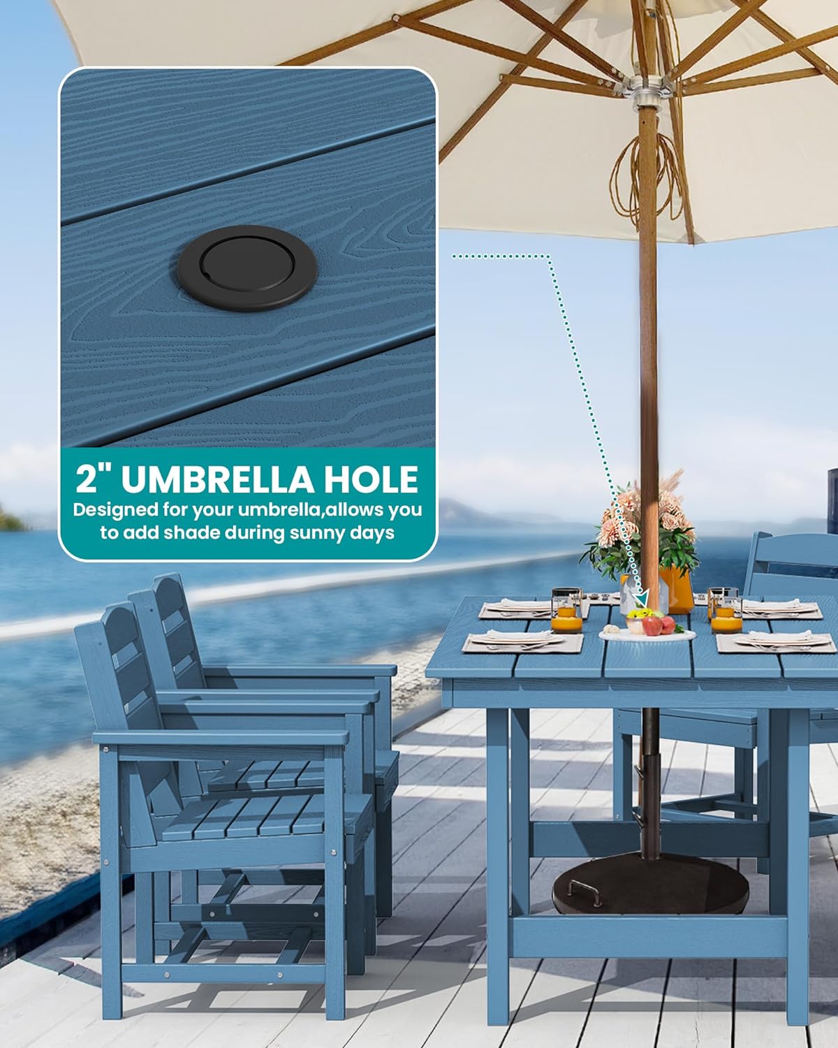 Outdoor HDPE Dining Table Set, 7-Piece Outdoor Dining Table Sets with Umbrella Hole Cut-Out Table and 6 Chairs wourant