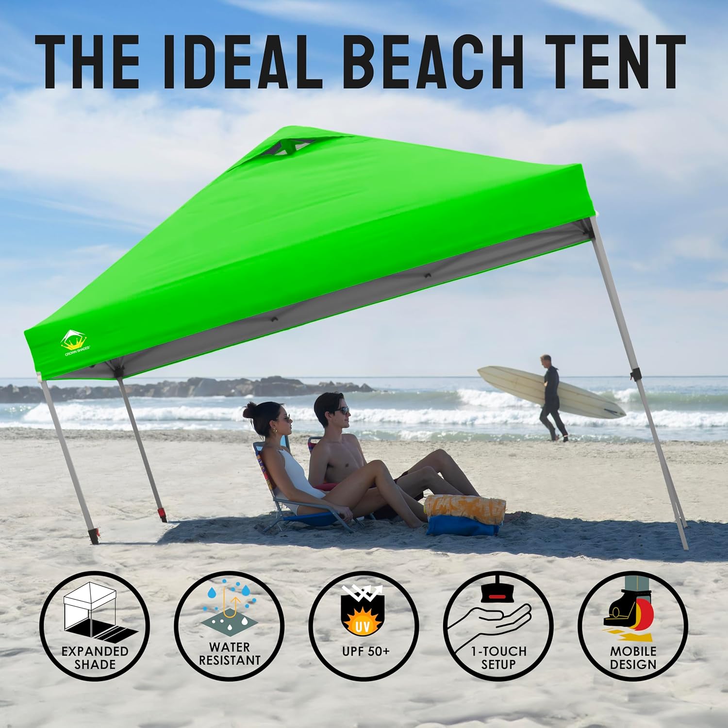 10x10 Pop-Up Awning - One-Click Installation Beach Tent - Outdoor Sunshade Silver Coated Top, 3 Heights and 4 Sand Pockets wourant