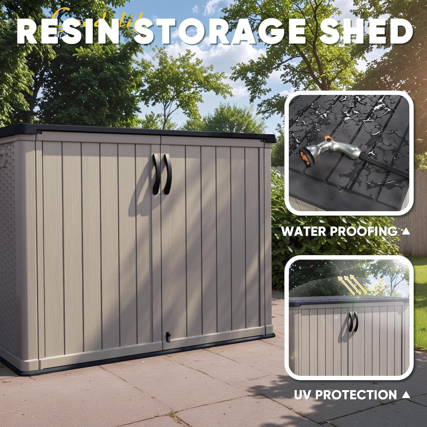 Devoko Outdoor Storage Cabinet 26 Cu Ft with Lockable Doors, Horizontal Storage Shed Waterproof Patio Tools Storage Box wourant