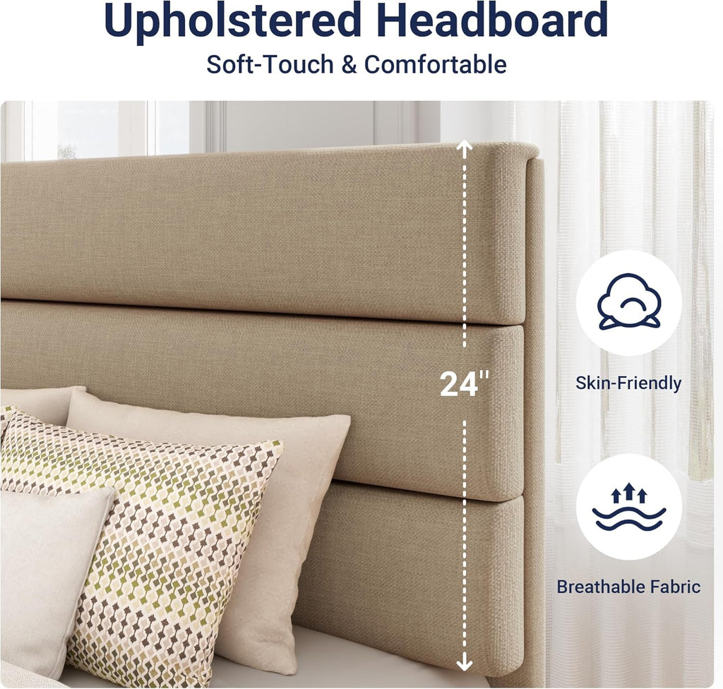 Allewie Queen Size Platform Bed Frame Fabric Upholstered Headboard Wooden Slats Support wourant