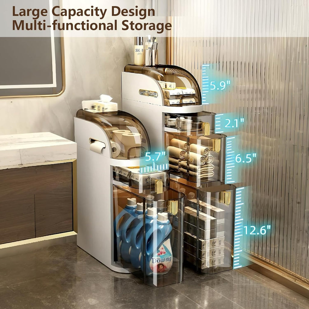 4-Tiers Narrow Bathroom Storage Cabinet 7.1 Slim Bathroom Floor Organizer with Drawers and Tissue Box Plastic Waterproof Mobile Locker wourant