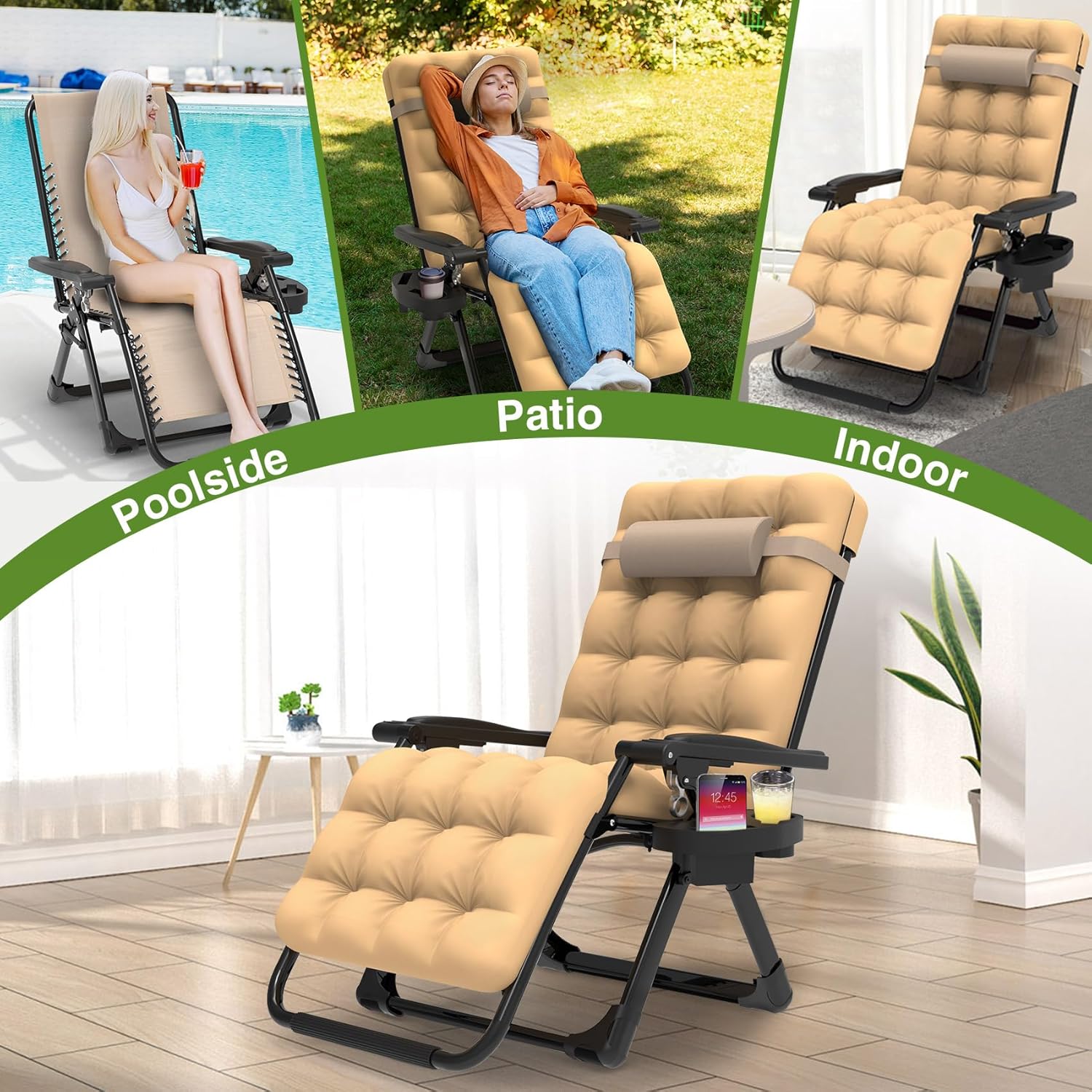 Indoor and outdoor patio chair folding lounge chair zero gravity chair with removable cushion camping lounge chair wourant