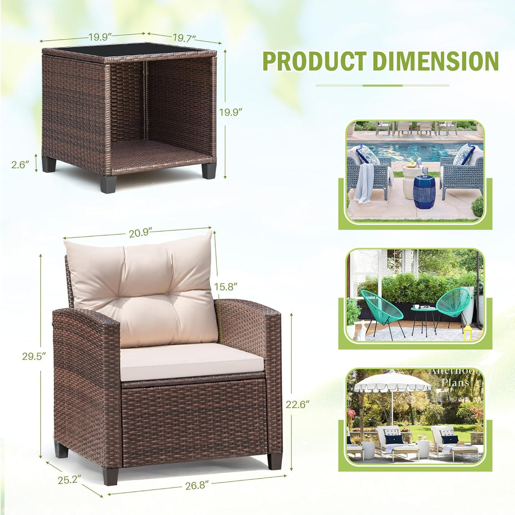 Devoko 3 Pieces Patio Furniture Set, PE Rattan Wicker Patio Set with Two Outdoor Chairs and Table, Upgraded Patio Chairs and Table for Porch, Garden Poolside Balcony woonhhop