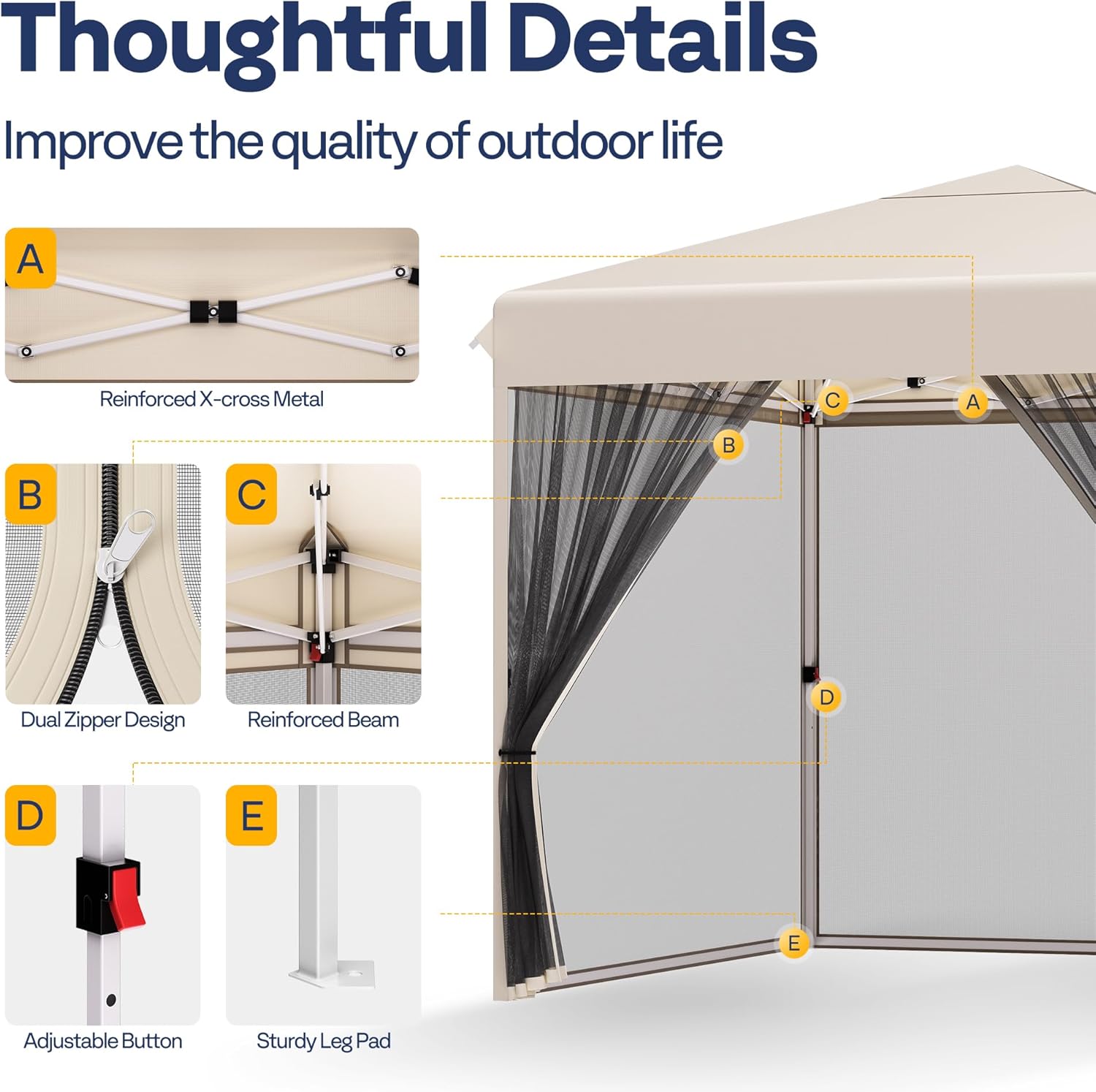 10x10ft Easy Pop-Up Canopy, Outdoor Screen Tent with Mosquito Netting, 2 Zipper Doors, and Roller Bag for Yard Camping Picnic Party Events, Beige wourant