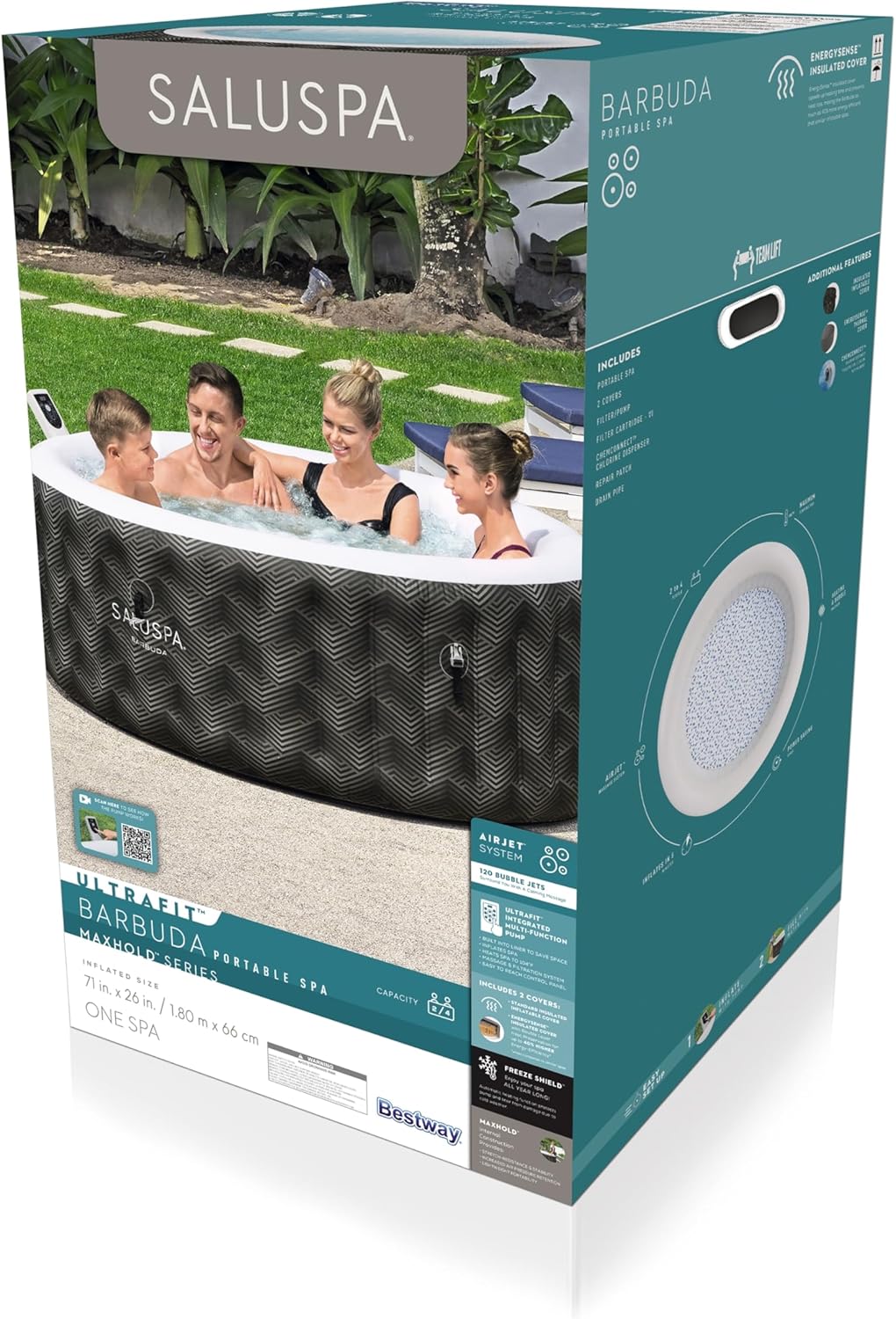 Bestway SaluSpa Miami EnergySense AirJet Inflatable Hot Tub Spa (71" x 26") | Portable Hot Tub with 2 Covers (1 Energy-Efficient Thermal Cover and 1 Standard Cover) | Fits Up to 2-4 Persons | Black wourant