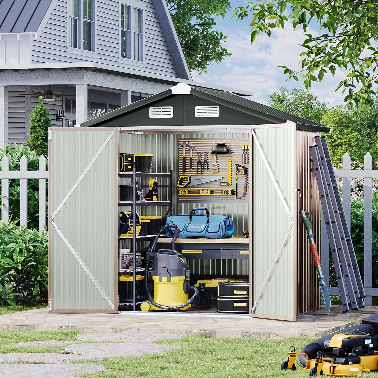 Aoxun 12x10 FT Shed Metal Outdoor Waterproof Storage Shed Steel Utility Garden Tool Shed with Door & Lock Outdoor Storage for Garden Patio Lawn Poolside, Brown wourant
