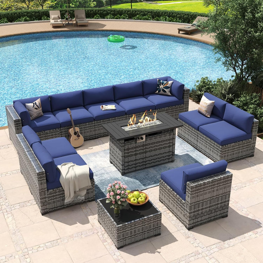 Aoxun 8 Piece Patio Furniture Set with 44?Fire Pit Table Wicker Rattan Outdoor Sectional Sofa Set with Coffee Table and Thickened Cushions, Beige (Waterproof Cover Included) woonhhop