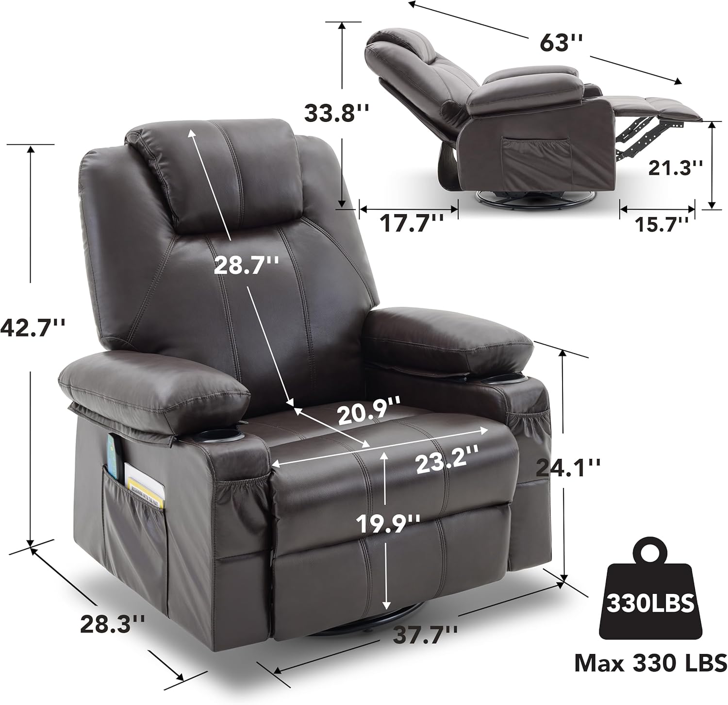 Oversized Swivel Rocker Recliner Chair with Heat and Massage, 360 Degree Swivel Rocking Single Sofa with Cup Holders and USB Port, Large Big Recliner Chair for Living Room (Leather, Brown) wourant