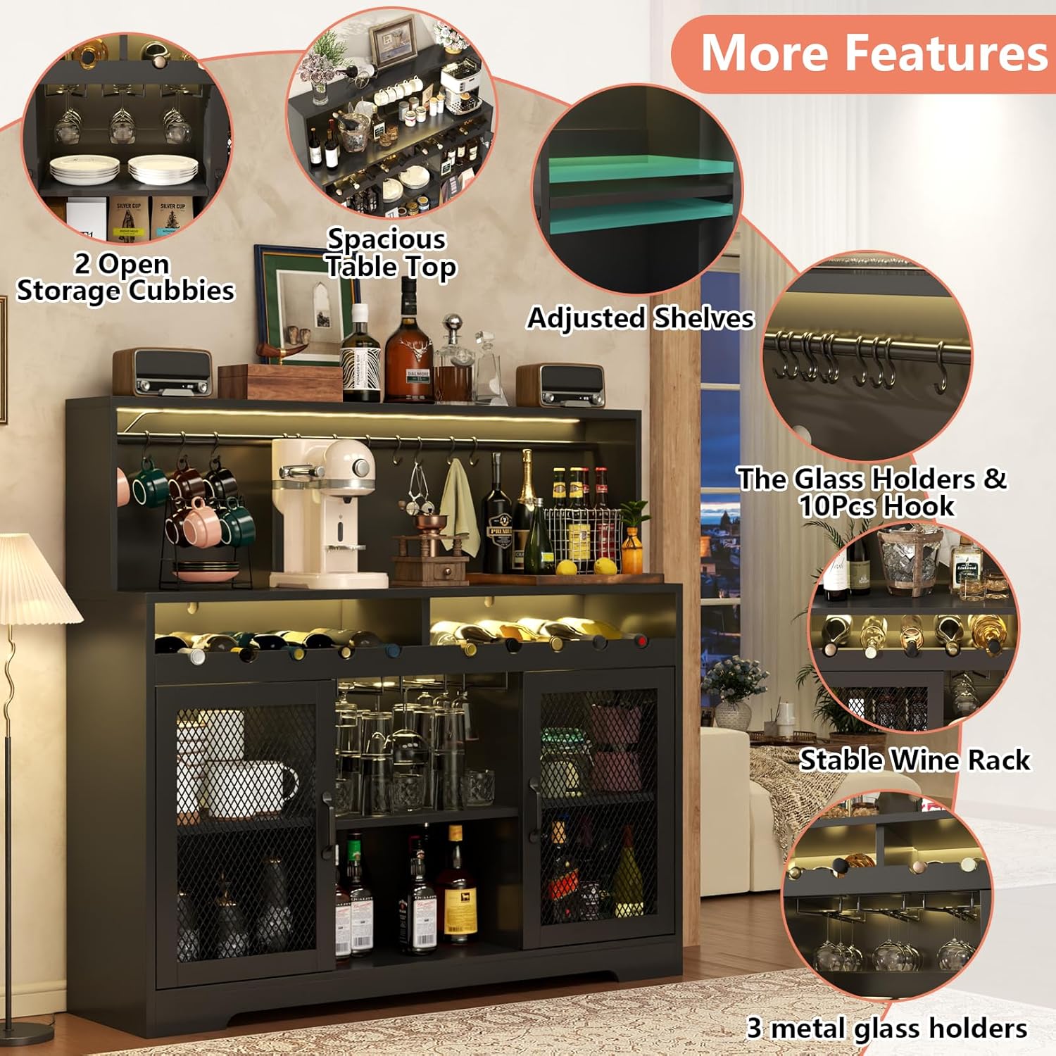 Wine Bar Cabinet with LED Light, Liquor Cabinet with Glass Holder, Coffee Bar for Liquor, Storage Buffet with Wine Racks, Wine Cabinet wourant