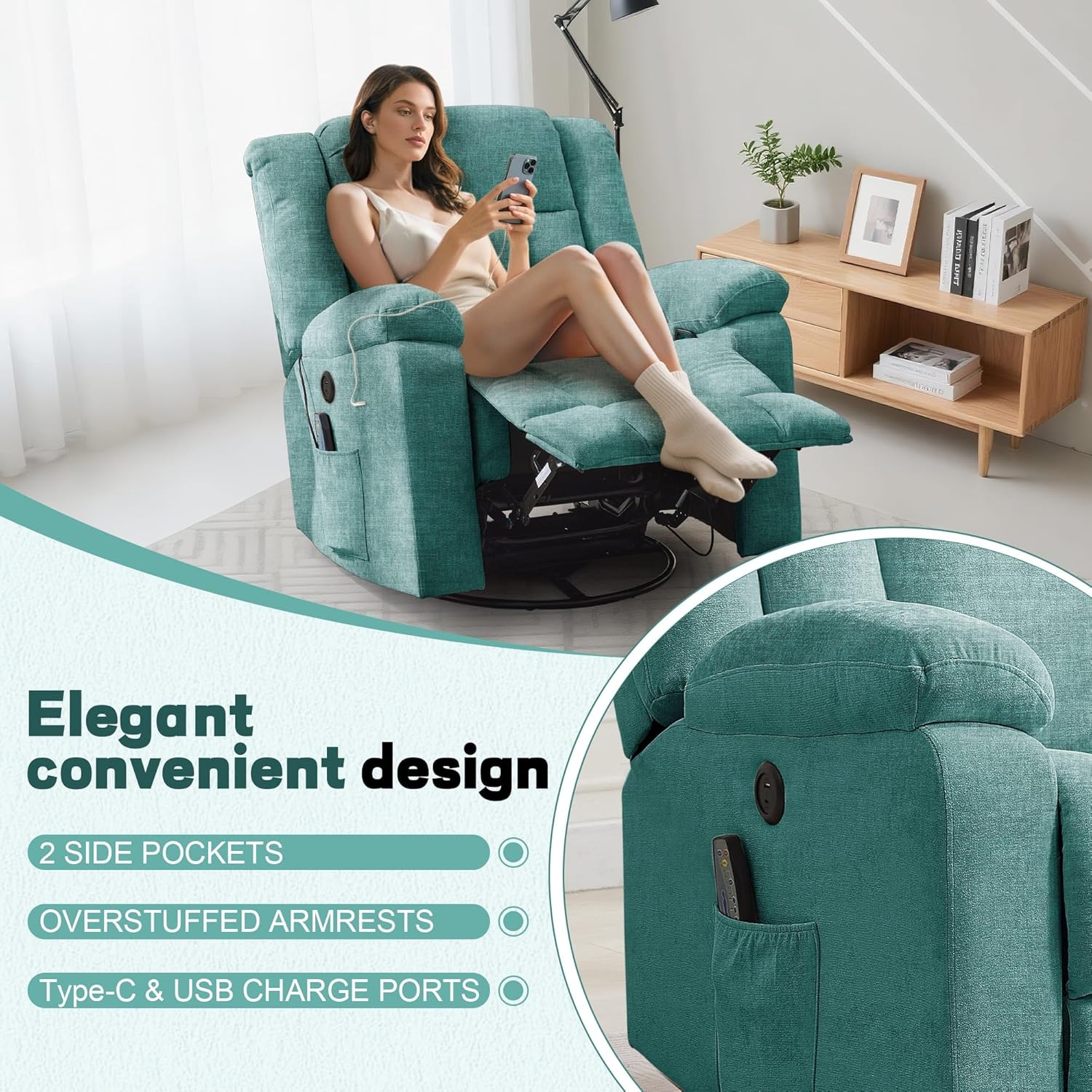 Rocker Recliner, Glider Recliner Chairs for Adults, 360° Swivel Rocking Chair with Massage and Heating, Nursery Chair with Storage and USB Charging for Living Room, Bedroom, Nursery wourant
