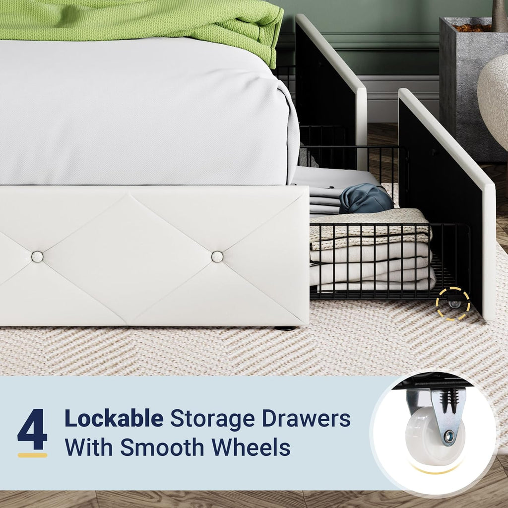 Allewie Upholstered Queen Size Platform Bed Frame with 4 Storage Drawers and Headboard wourant