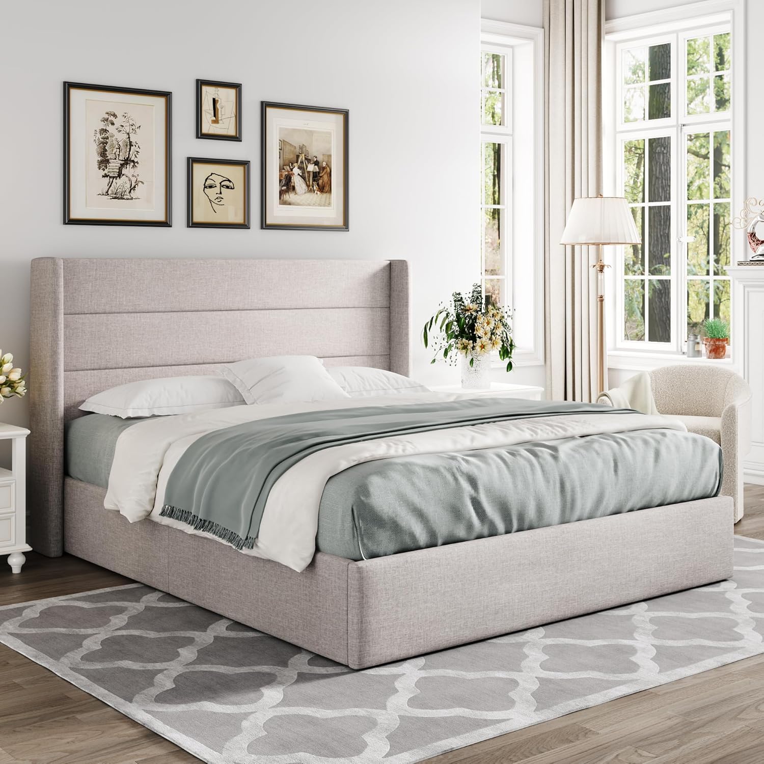 Allewie Queen Size Lift Up Storage Bed Modern Wingback Headboard Hydraulic Support wourant