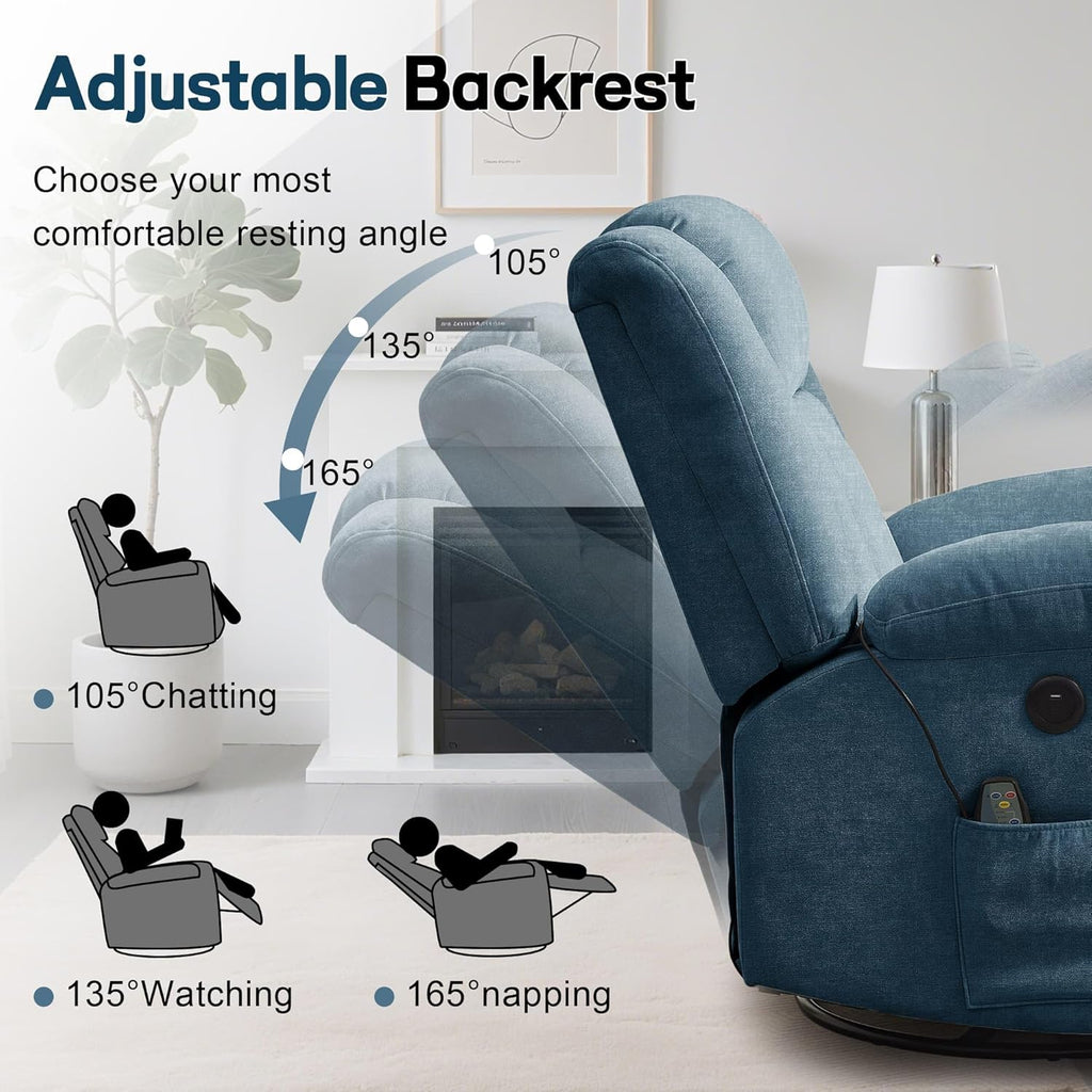 Adult rocking chair, gliding recliner, 360° rotating rocking chair with massage and heating function wourant