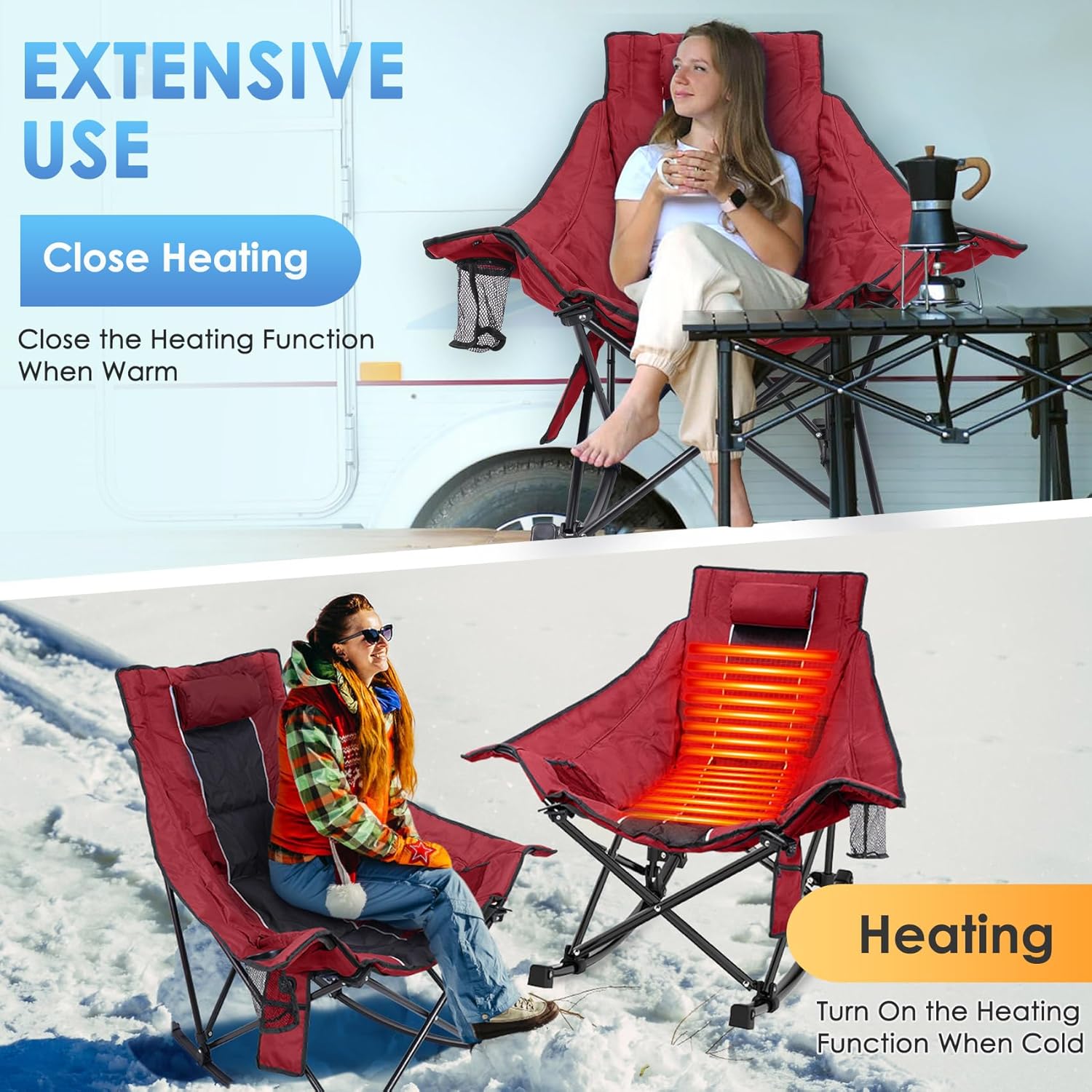 Heated Camping Chair, Extra Large Heated Chair Outdoor Sports Chair with 3 Heat Levels on Back and Seat, Portable Folding Heated Outdoor Chair (Batteries Not Included) wourant