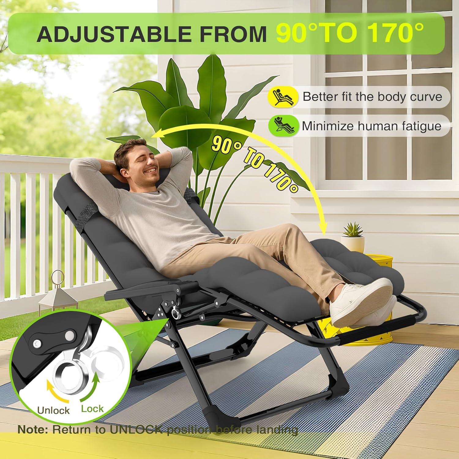 Indoor and outdoor patio chair folding lounge chair zero gravity chair with removable cushion camping lounge chair wourant