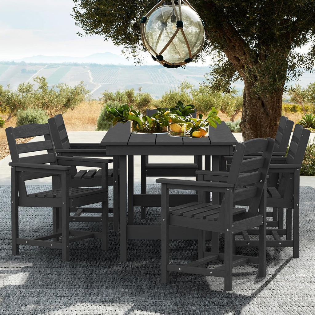 Outdoor HDPE Dining Table Set, 7-Piece Outdoor Dining Table Sets with Umbrella Hole Cut-Out Table and 6 Chairs wourant