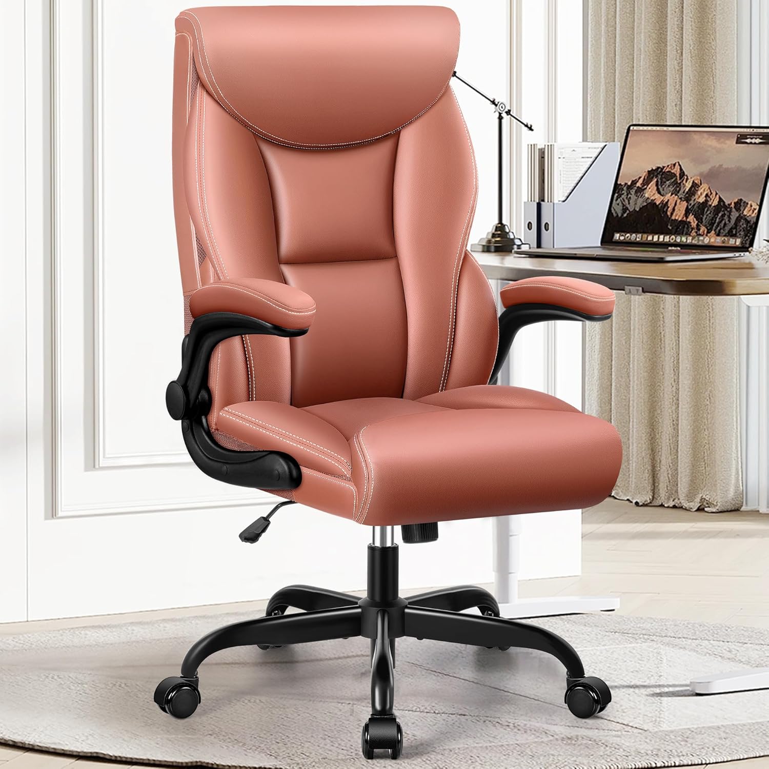 Office Chair Large High-Foot Computer Desk Chair, Breathable Leather Chair Lumbar Support Rotating Computer Chair wourant