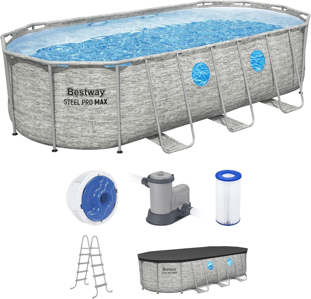 Power Steel Swim Vista Series II 14' x 8' 2" x 39.5" Above Ground Outdoor Swimming Pool Set with 530 GPH Filter Pump, Ladder, and Pool Cover wourant
