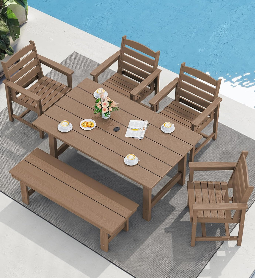 Outdoor HDPE Dining Table Set, 7-Piece Outdoor Dining Table Sets with Umbrella Hole Cut-Out Table and 6 Chairs wourant
