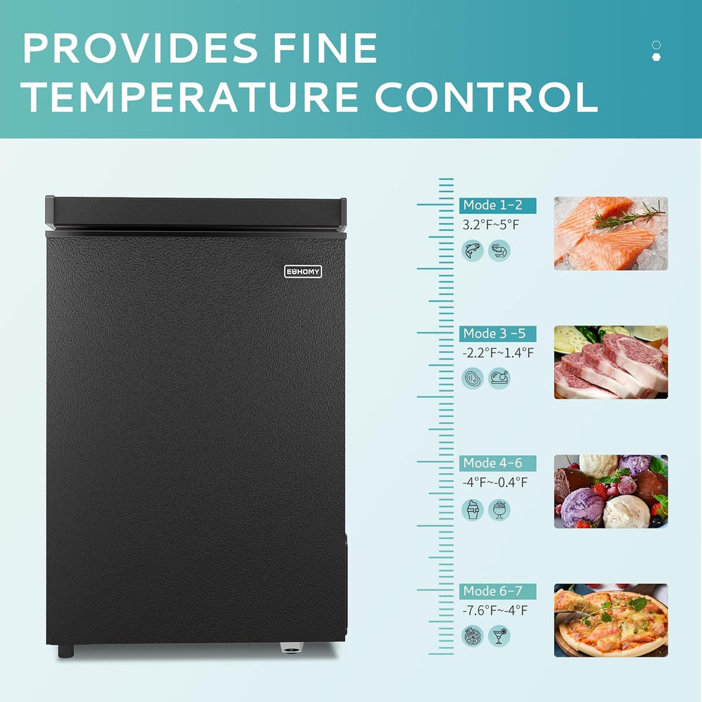 EUHOMY 3.5 Cu.Ft Chest Freezer with Removable Basket, Small Deep Freezer Adjustable 7 Thermostat, Quiet Mini Freezer Free-Standing Top Door, Energy Saving for Apartment/Garage/Basement/Dorm/Home,Black wourant