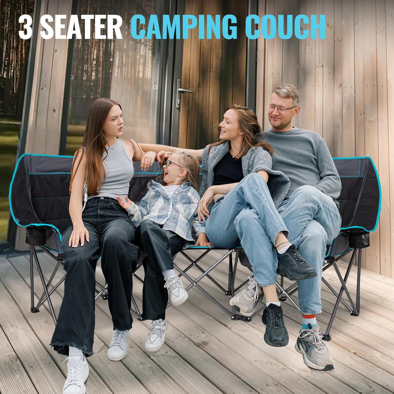 Double Camping Chair with Cooler 3-Person Folding Extra Large Camping Chair with 1000-Pound Load Capacity wourant