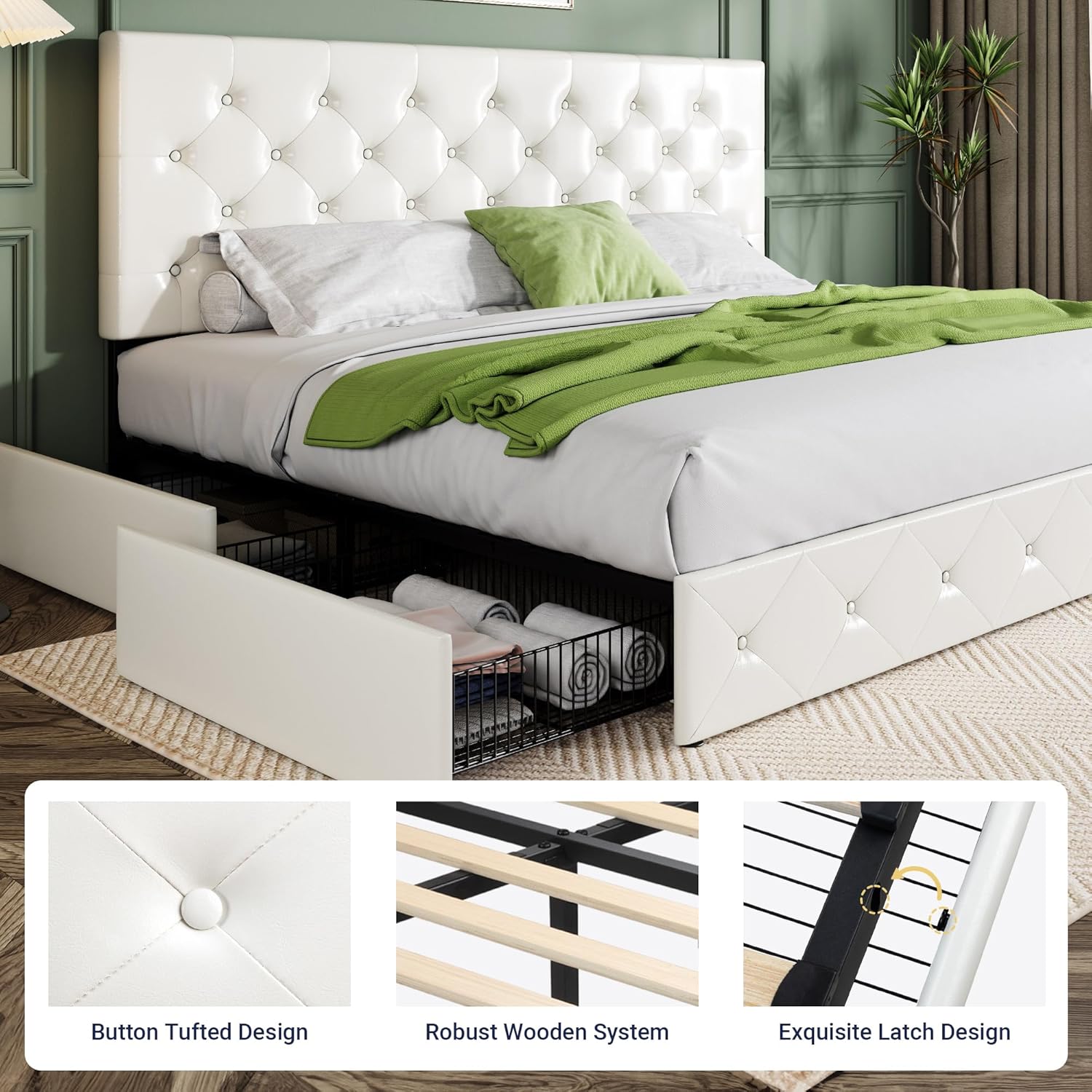 Allewie Upholstered Queen Size Platform Bed Frame with 4 Storage Drawers and Headboard wourant