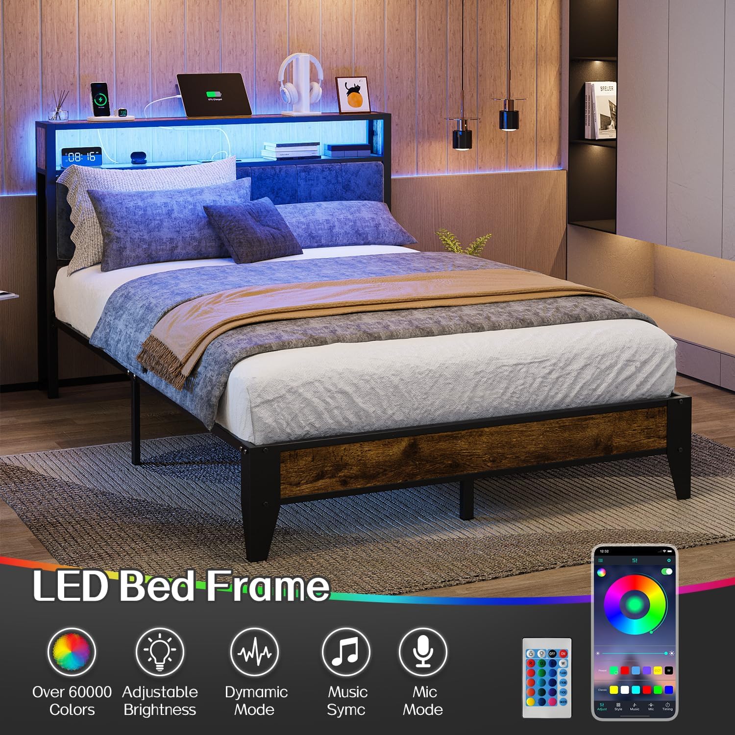 OLEVS Single Bed Frame LED Light Storage Headboard Charging Station Metal Platform Bed wourant