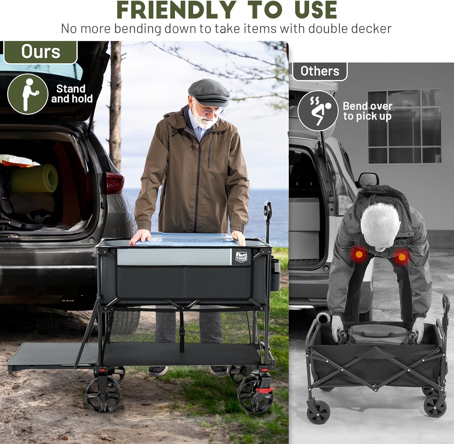 400L Large Capacity Folding Double Decker Cart with Brakes, 54 Inch Extra Long Extended Cart, 450 Pounds Heavy Duty Folding Cart wourant