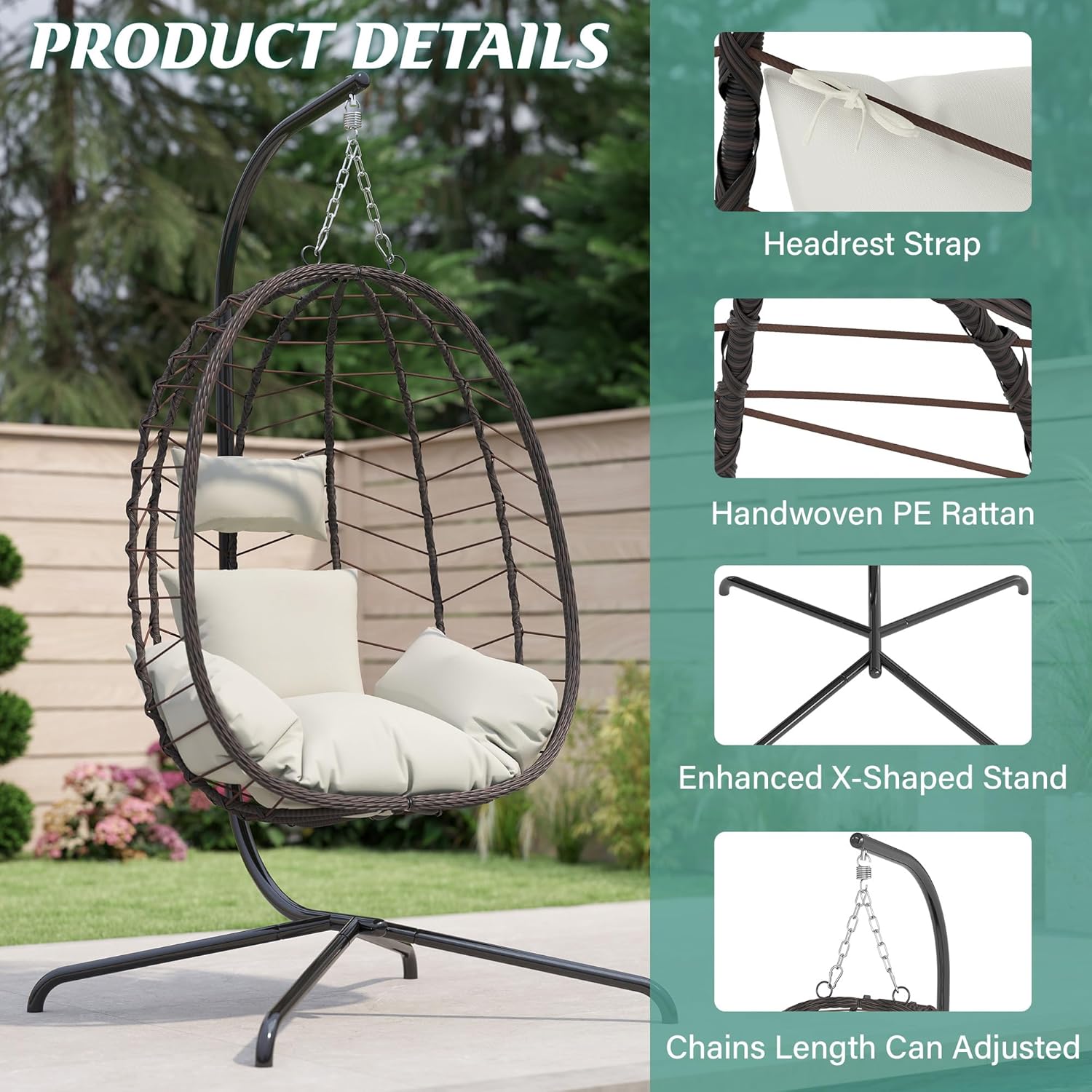 Hanging Egg Chair with Stand Swinging Egg Chair Outdoor Hanging Basket Chair with Cushion wourant