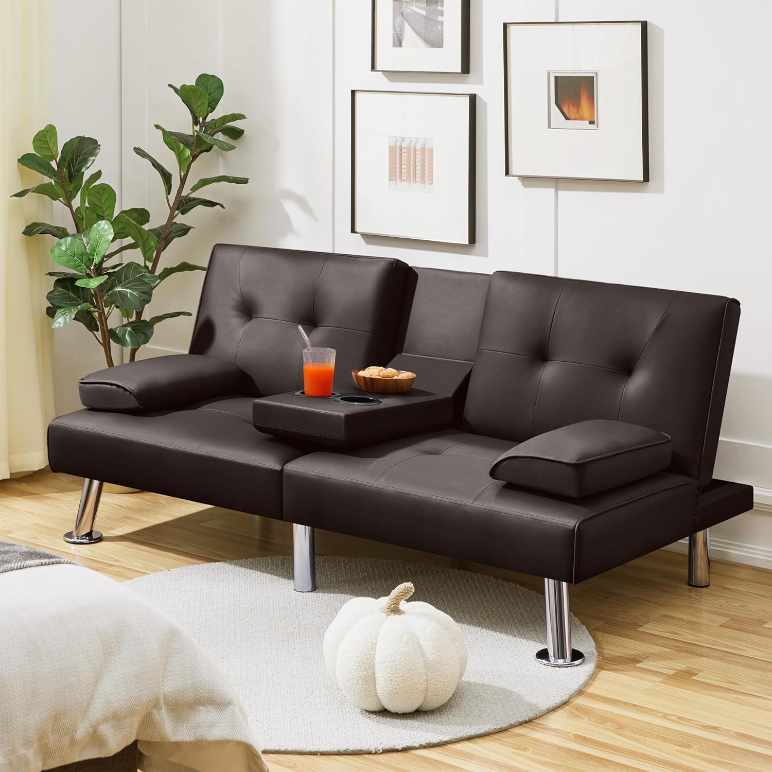 Yaheetech Convertible Sofa Bed Adjustable Couch Sleeper Modern Faux Leather Home Recliner Reversible Loveseat Folding Daybed Guest Bed, Removable Armrests, Cup Holders, 3 Angles, 772lb Capacity, Brown wourant