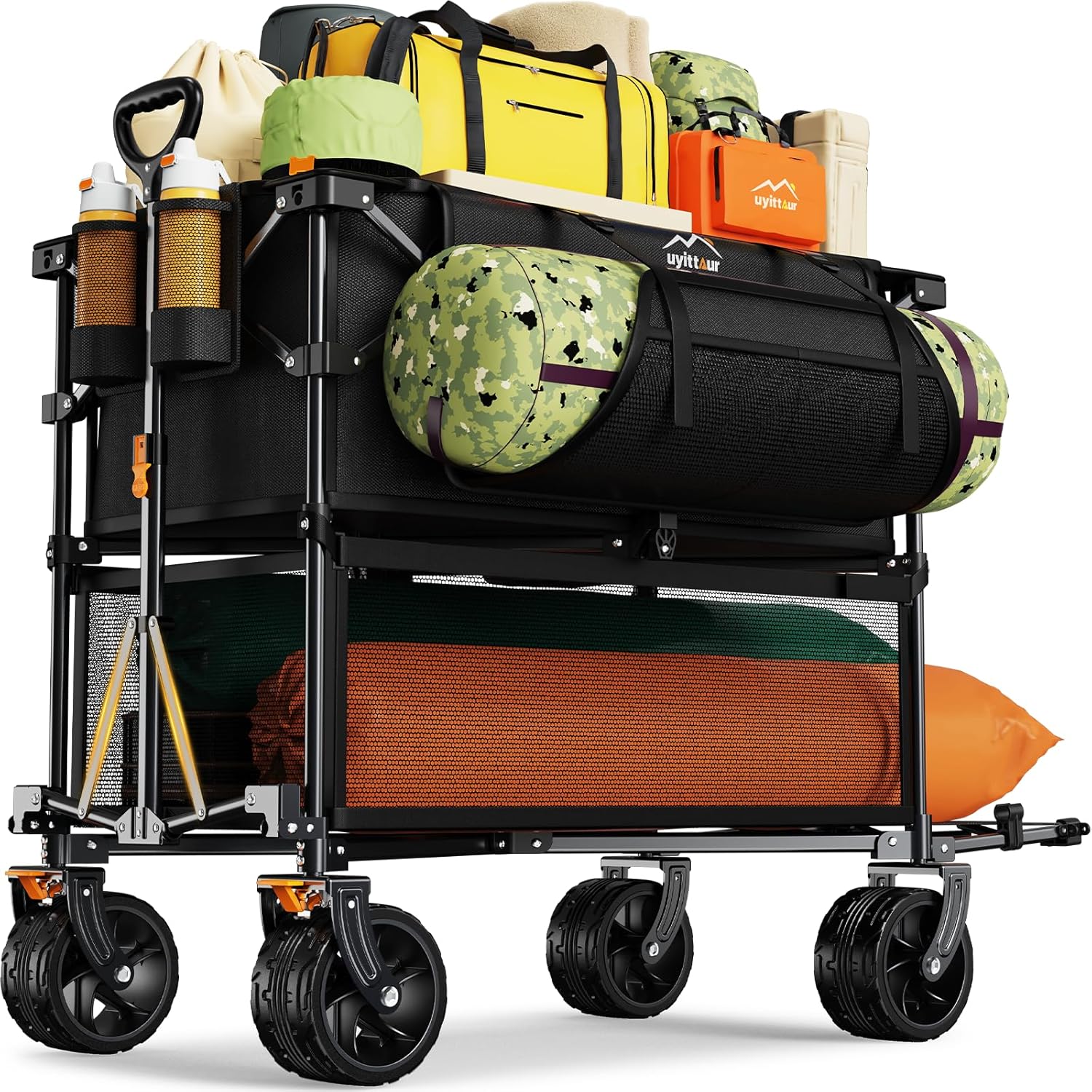 Foldable 50''L Extra Long Double Decker Wagon for Sport, 400L Collapsible Heavy Duty Wagon Cart with Big Wheels, Utility All-Terrain Large Extender Cart for Outdoors wourant