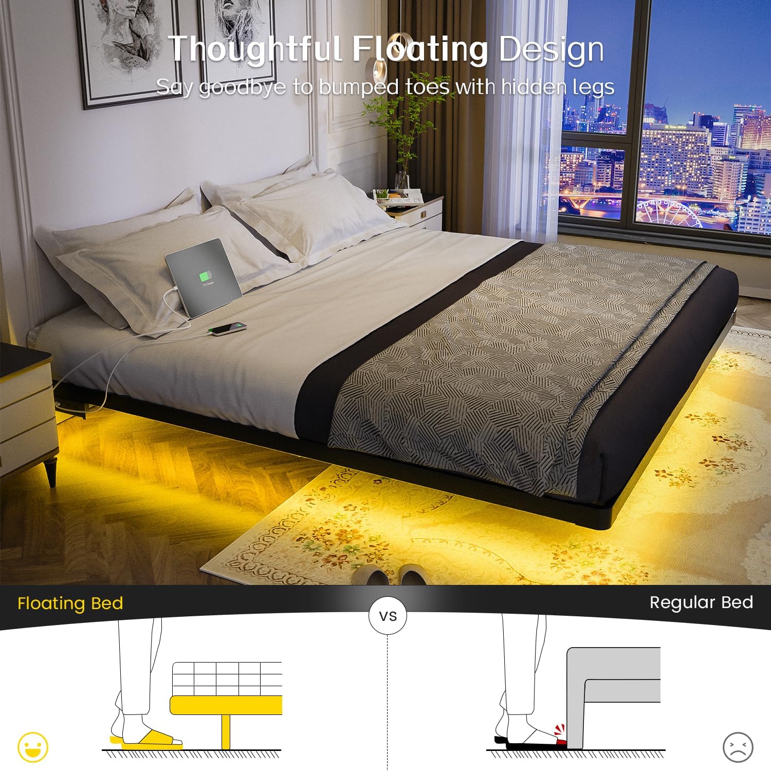 OLEVS Floating Bed Frame Queen Size with Smart LED Lights Modern Metal Platform Bed wourant