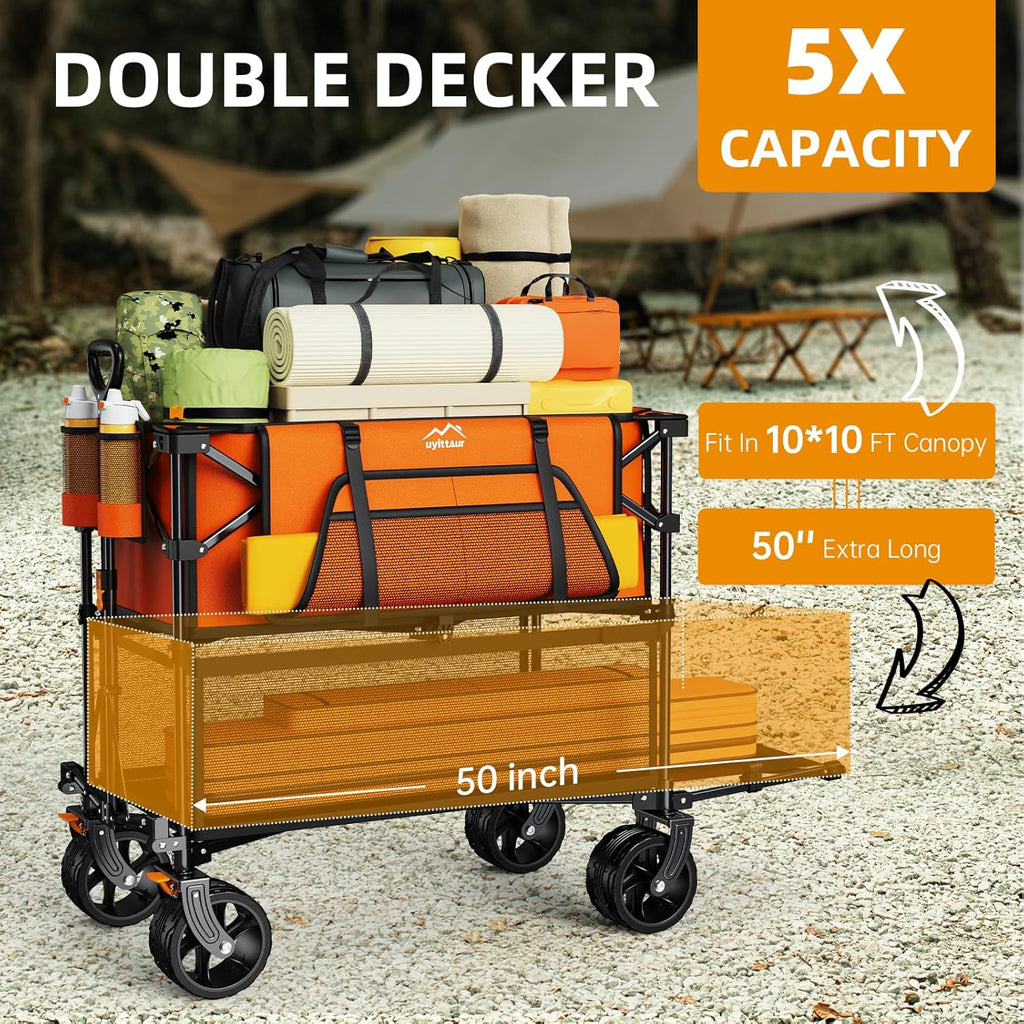 Foldable 50''L Extra Long Double Decker Wagon for Sport, 400L Collapsible Heavy Duty Wagon Cart with Big Wheels, Utility All-Terrain Large Extender Cart for Outdoors wourant