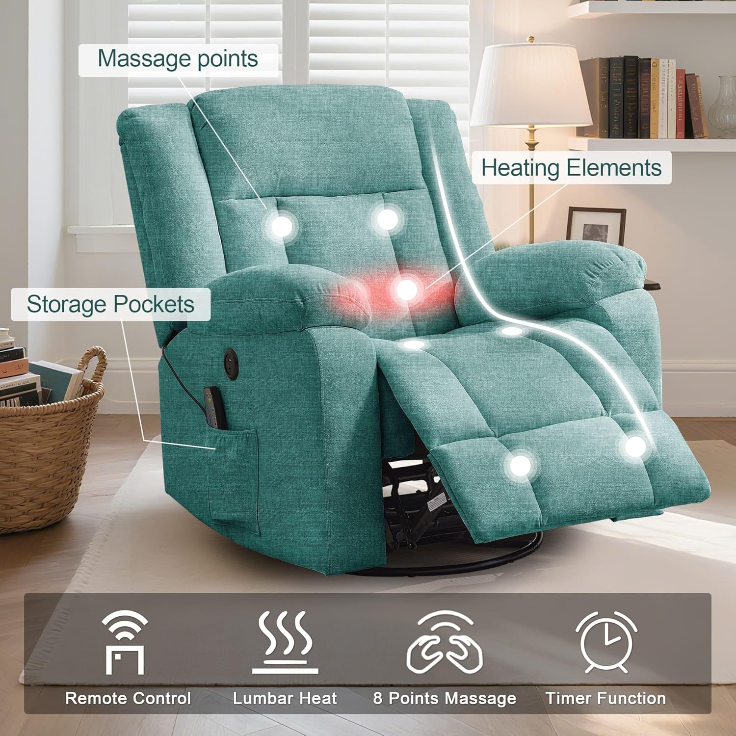 Adult rocking chair, gliding recliner, 360° rotating rocking chair with massage and heating function wourant
