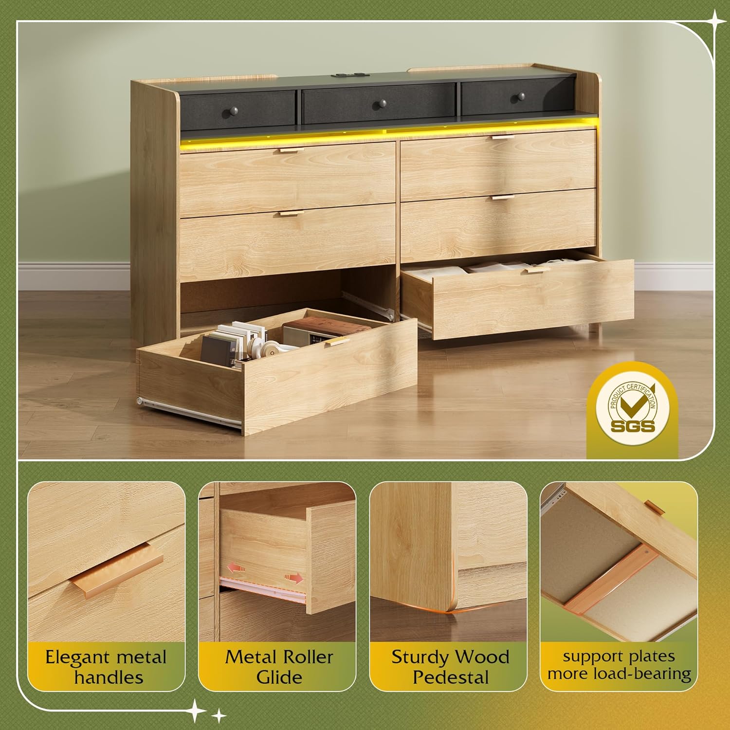 9 Drawer Led Dresser for Bedroom, 58.35'' Wide Wood Dresser Storage Organizer with Power Outlets for 65'' TV, Dressers with Open Shelves wourant