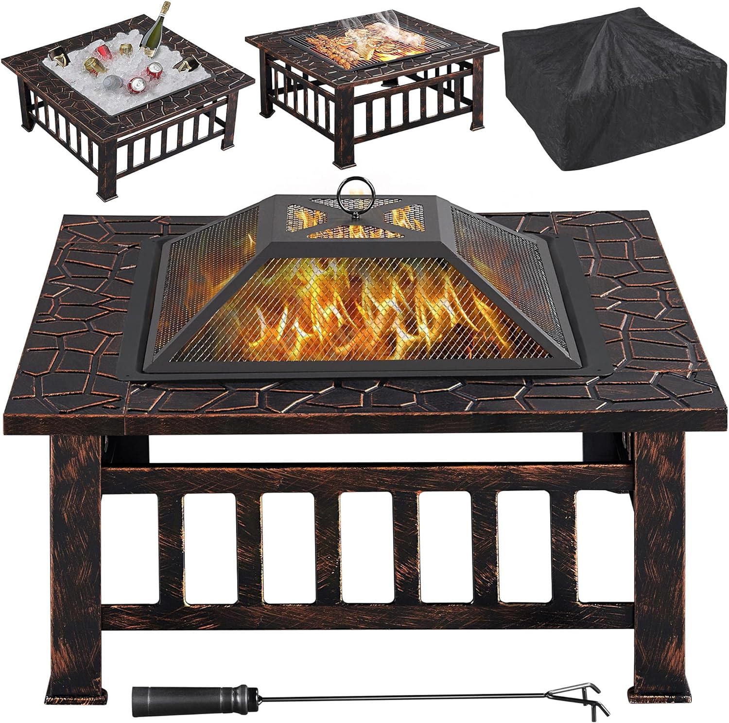 Yaheetech Multifunctional Fire Pit Table 32in Square Metal Firepit Stove Backyard Patio Garden Fireplace for Camping, Outdoor Heating, Bonfire and Picnic wourant