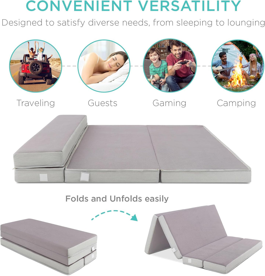 4in Portable Queen-Size Mattress, Tri-Fold Mattress for Camping, Guest, Toddler wourant