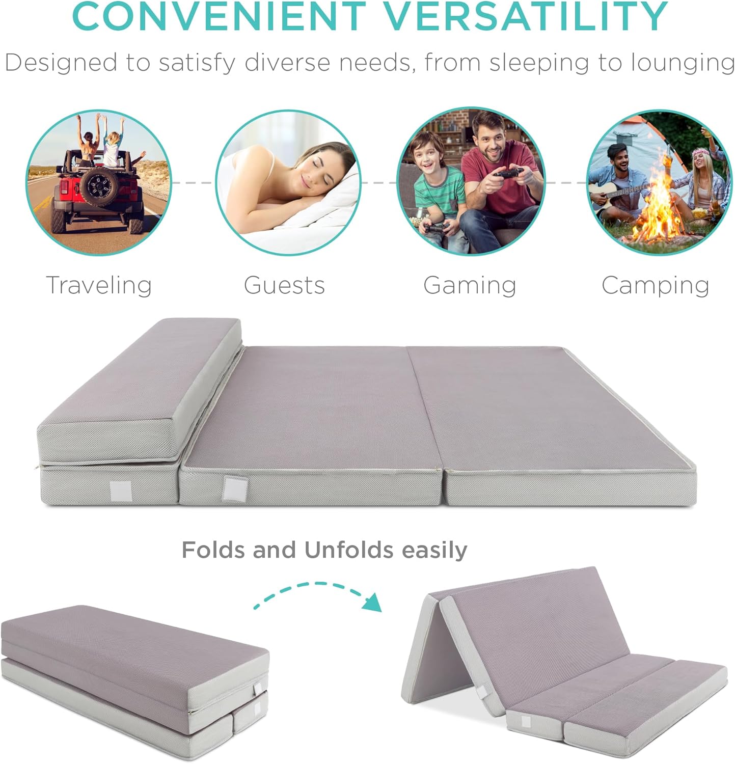 4in Portable Queen-Size Mattress, Tri-Fold Mattress for Camping, Guest, Toddler wourant
