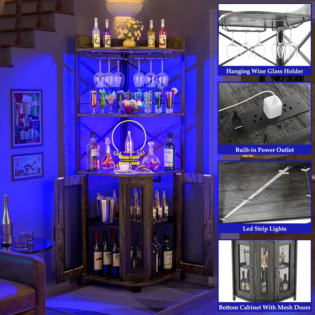 Aheaplus Corner Bar Cabinet with Power Outlet, Industrial Wine Cabinet with LED Strip and Glass Holder, 5-Tiers Liquor Cabinet Bar Unit for Home, Corner Display Cabinet for Small Space, White Oak wourant