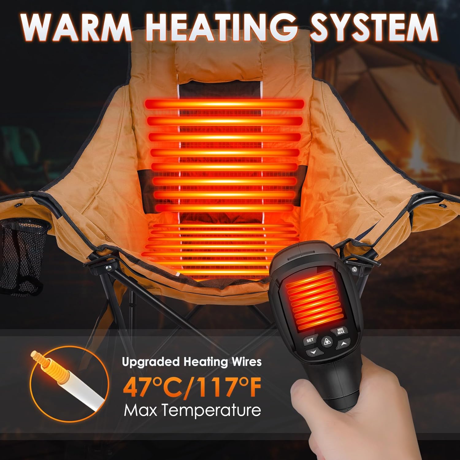 Heated Camping Chair, Extra Large Heated Chair Outdoor Sports Chair with 3 Heat Levels on Back and Seat, Portable Folding Heated Outdoor Chair (Batteries Not Included) wourant
