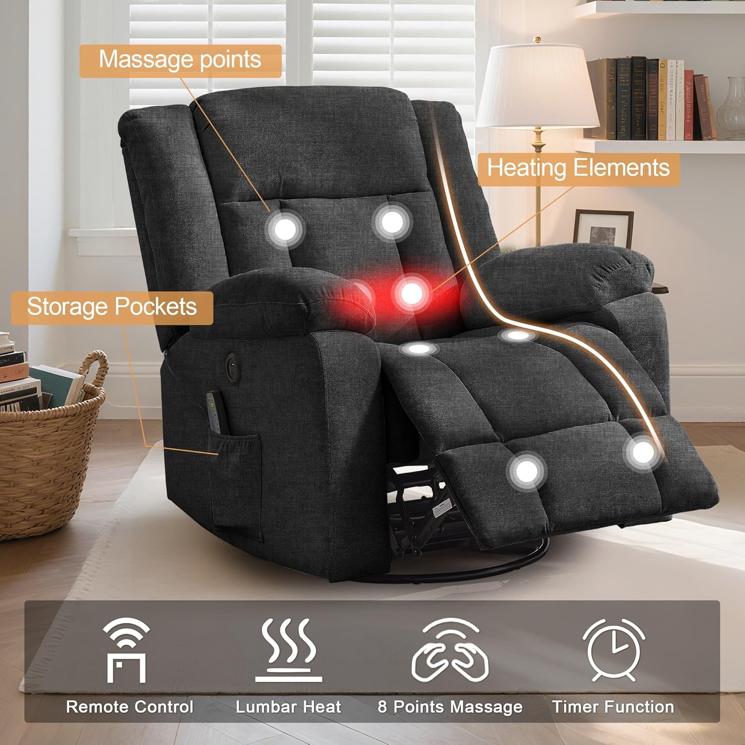 Rocker Recliner, Glider Recliner Chairs for Adults, 360° Swivel Rocking Chair with Massage and Heating, Nursery Chair with Storage and USB Charging for Living Room, Bedroom, Nursery wourant