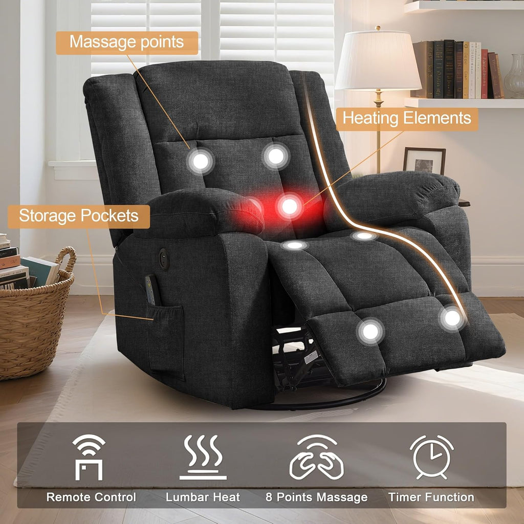 Adult rocking chair, gliding recliner, 360° rotating rocking chair with massage and heating function wourant