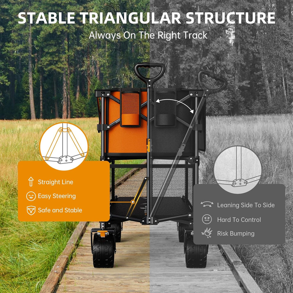 Foldable 50''L Extra Long Double Decker Wagon for Sport, 400L Collapsible Heavy Duty Wagon Cart with Big Wheels, Utility All-Terrain Large Extender Cart for Outdoors wourant