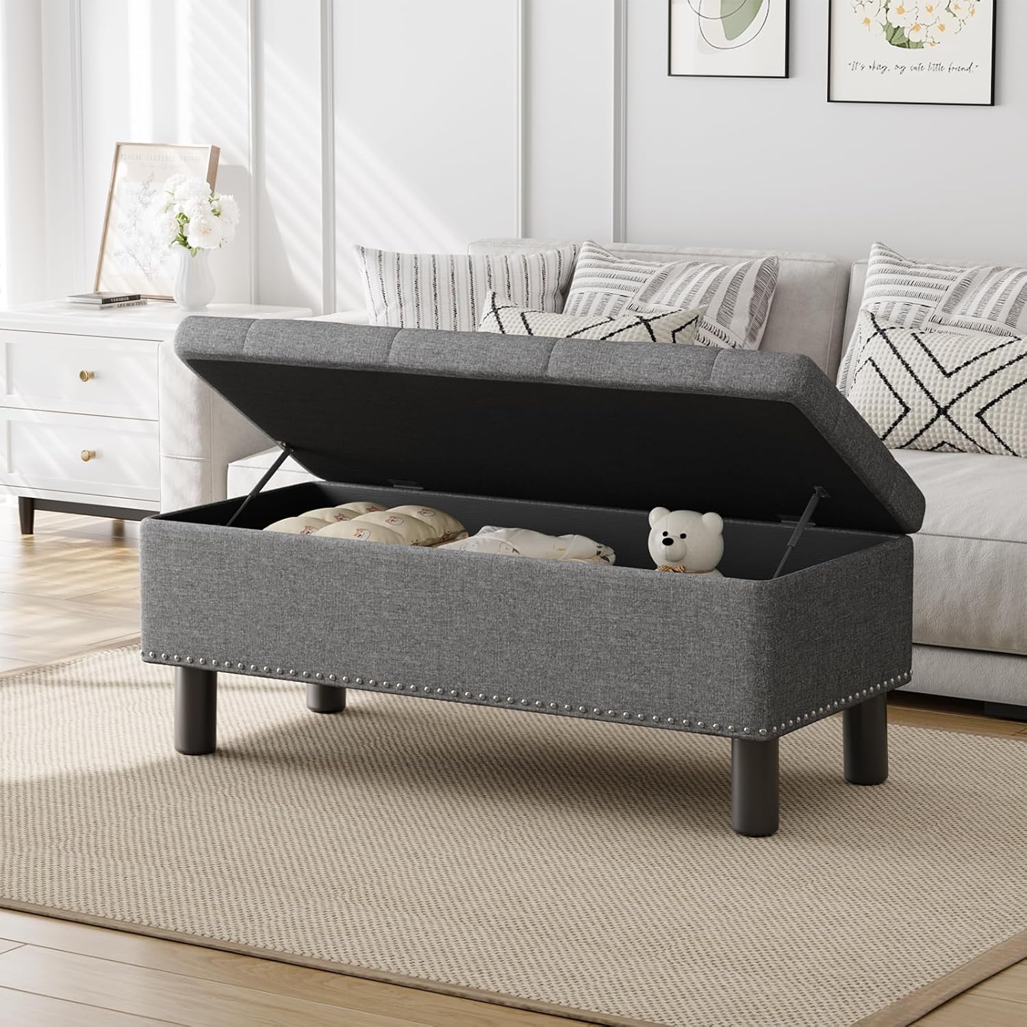 Furniliving Modern Storage Ottoman Bench, Sherpa Ottoman End of Bed Bench with Solid Wood Legs Upholstered Ottoman Benches with Storage Indoor Bench wourant
